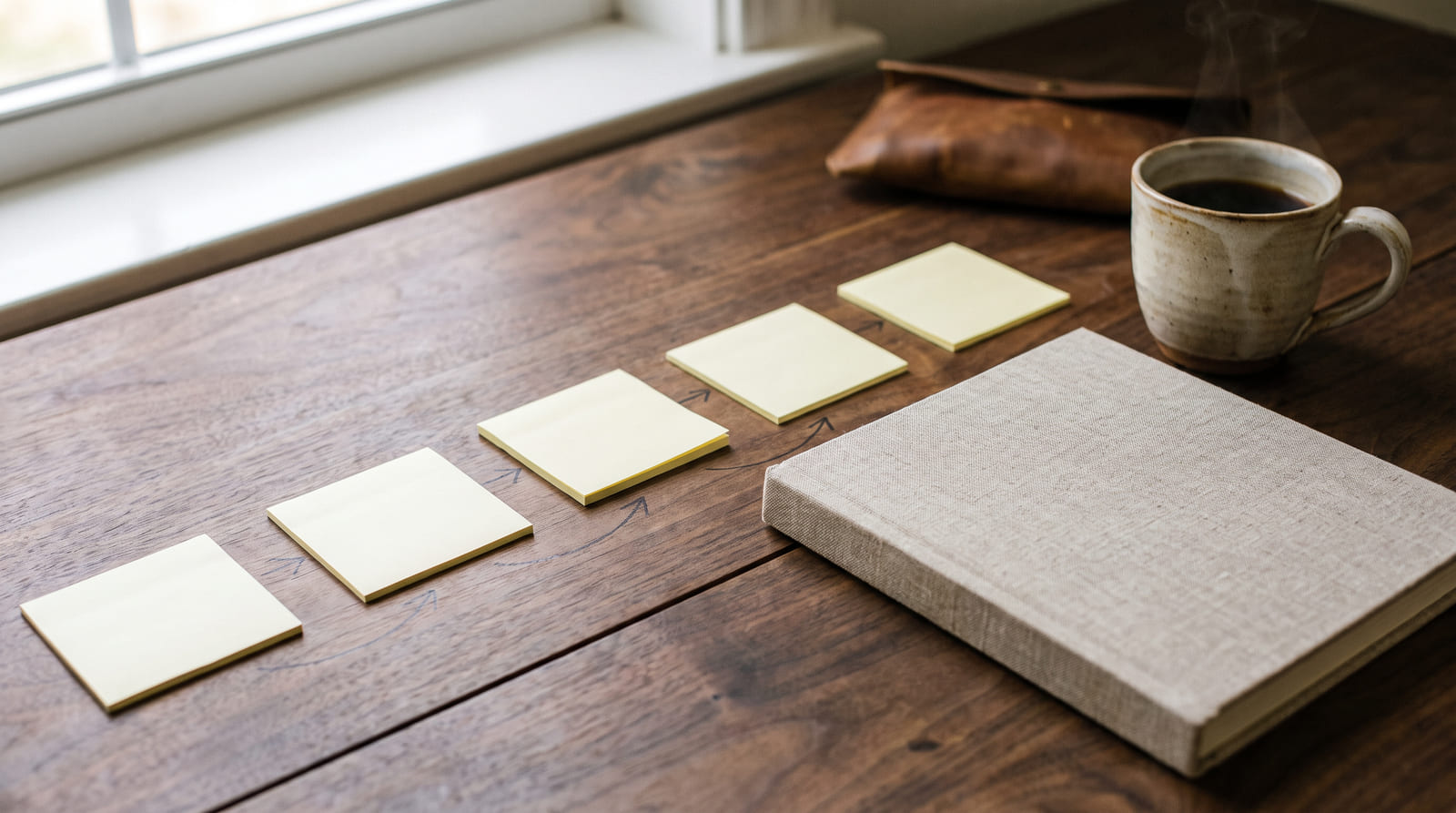 Five blank sticky notes laid in a row on a desk, joined by hand-drawn arrows