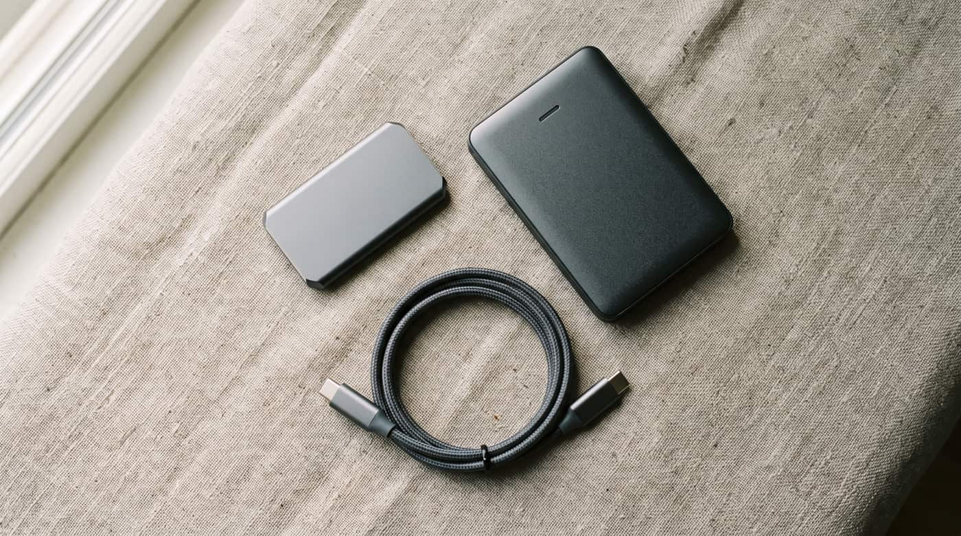 A pocket SSD, an external hard drive and a coiled cable arranged on linen