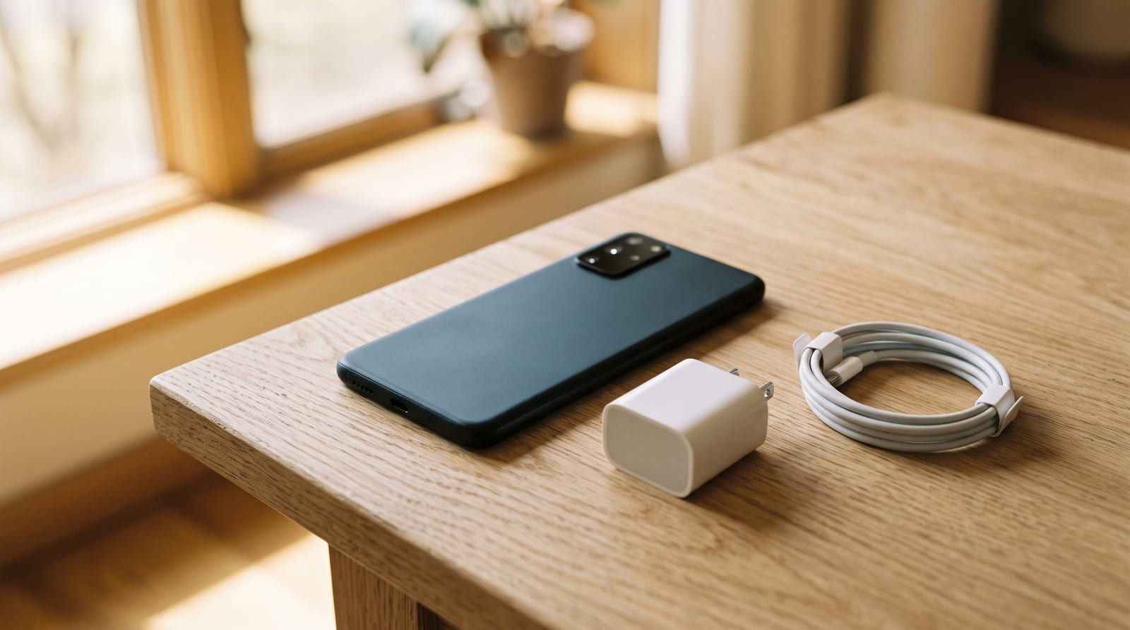 A phone lying face down on a desk beside a small white charger and a coiled cable