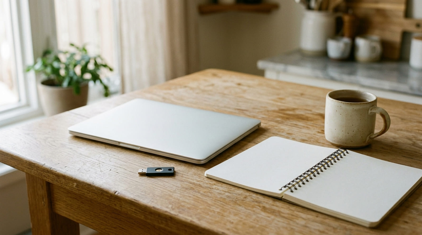 A small blank hardware security key on a kitchen table beside a closed laptop and an open notebook