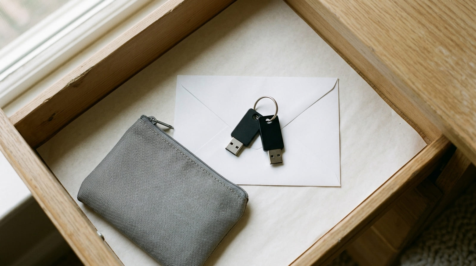 An open drawer holding two blank hardware security keys on a keyring, a sealed plain envelope and a small document pouch