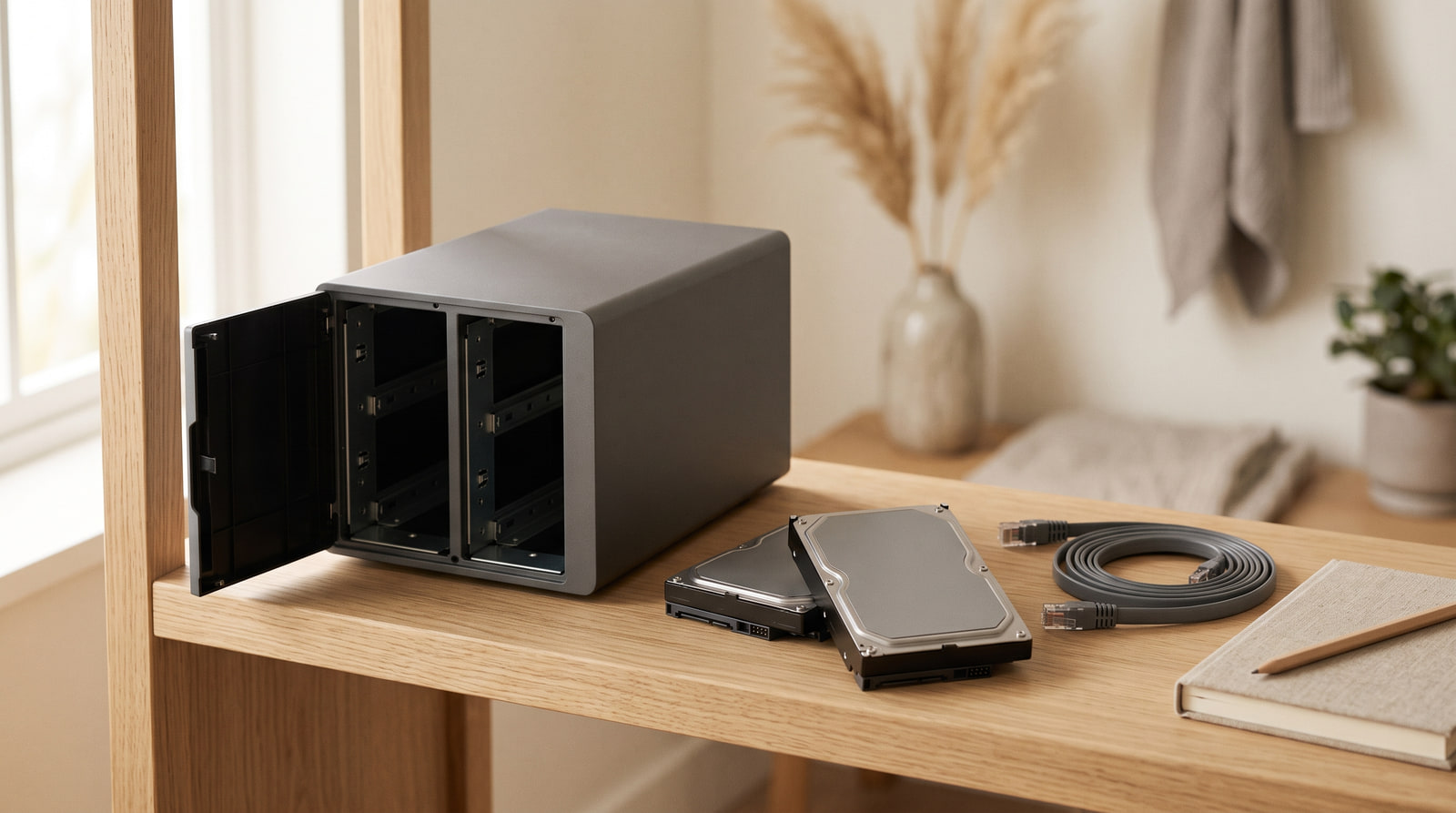 A small unbranded two-bay drive enclosure with its door open on a pale oak shelf, beside two bare hard drives, a coiled ethernet cable and a notebook
