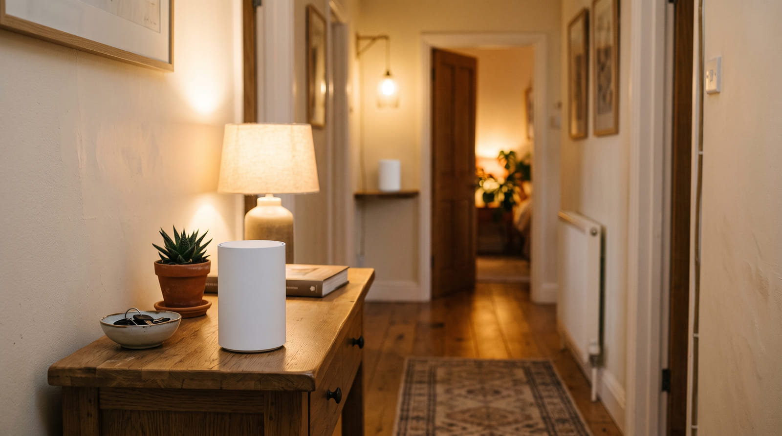 A plain white wireless router on a hallway console table, with a second unit visible far down the hall