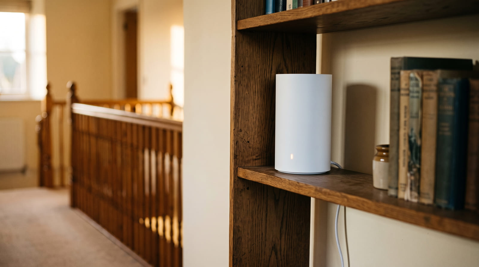 A plain white mesh node on a landing bookshelf with an ethernet cable running behind it