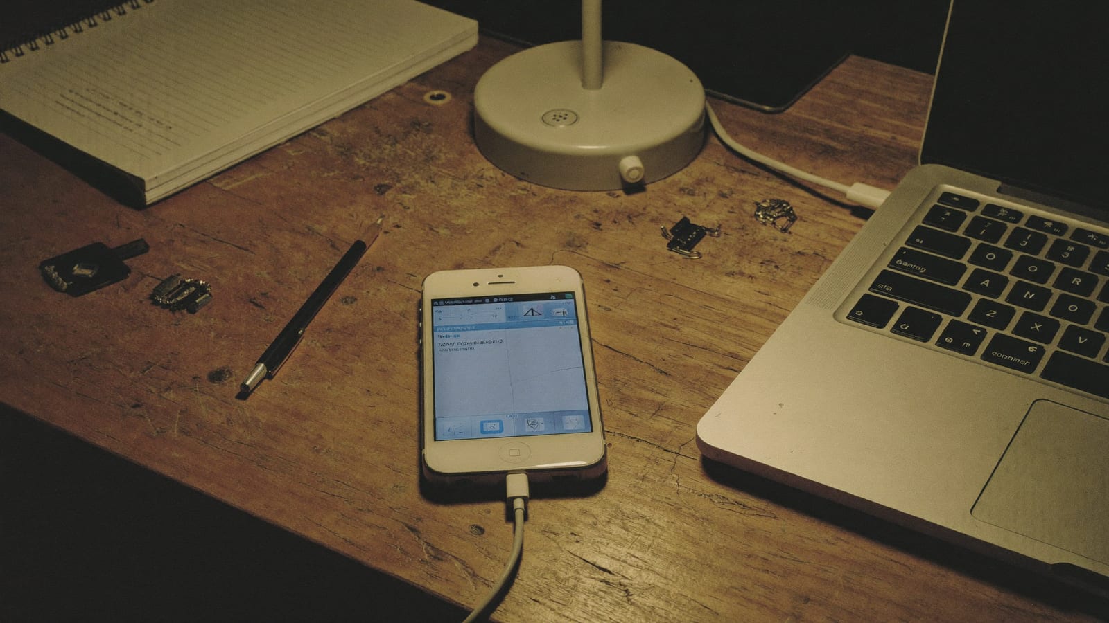 An older iPhone tethered by a worn cable to a laptop on a workbench, under a warm desk lamp