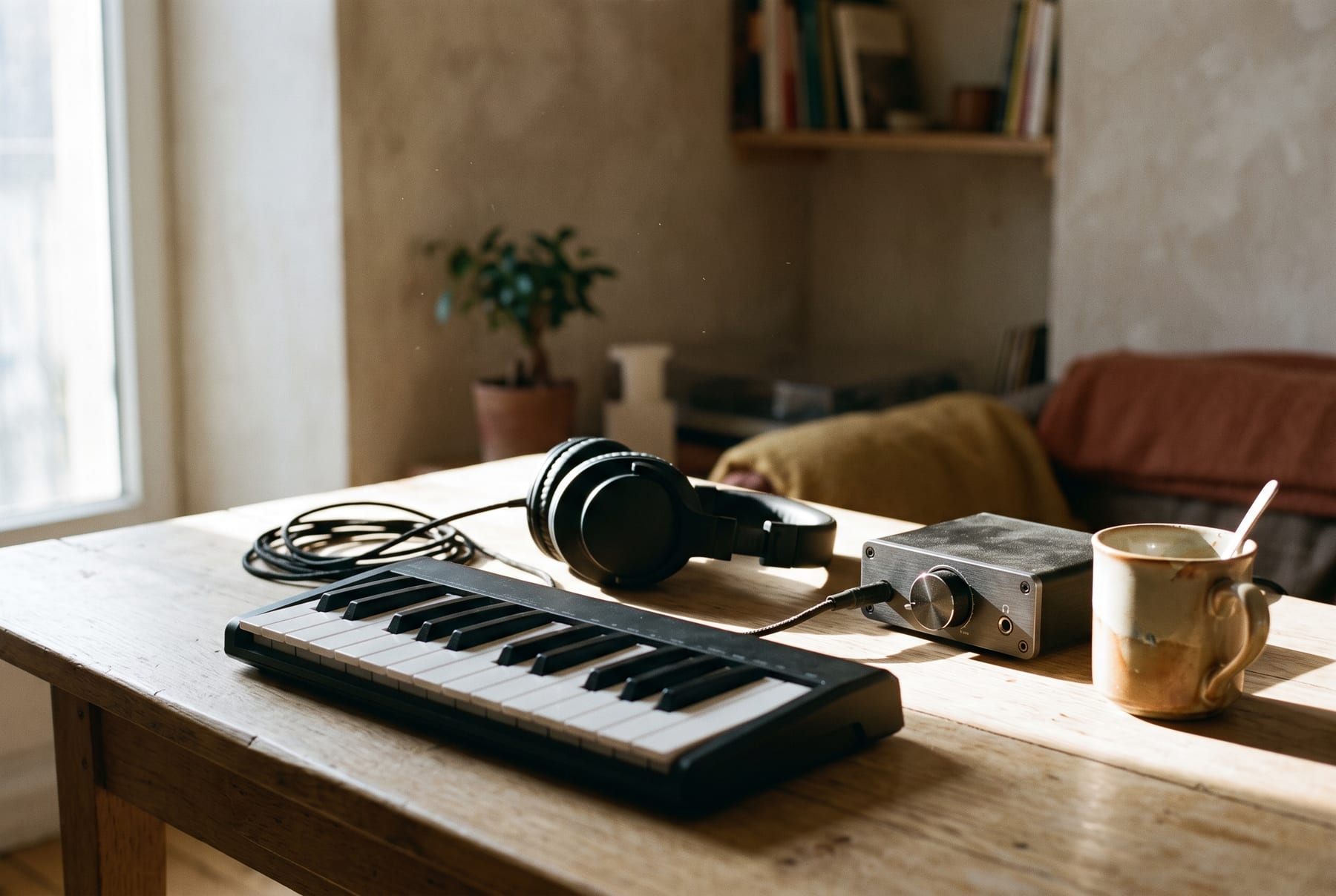 A small keyboard, over-ear headphones with a coiled cable, a compact unbranded audio interface and a ceramic mug on a plain wooden table in morning light