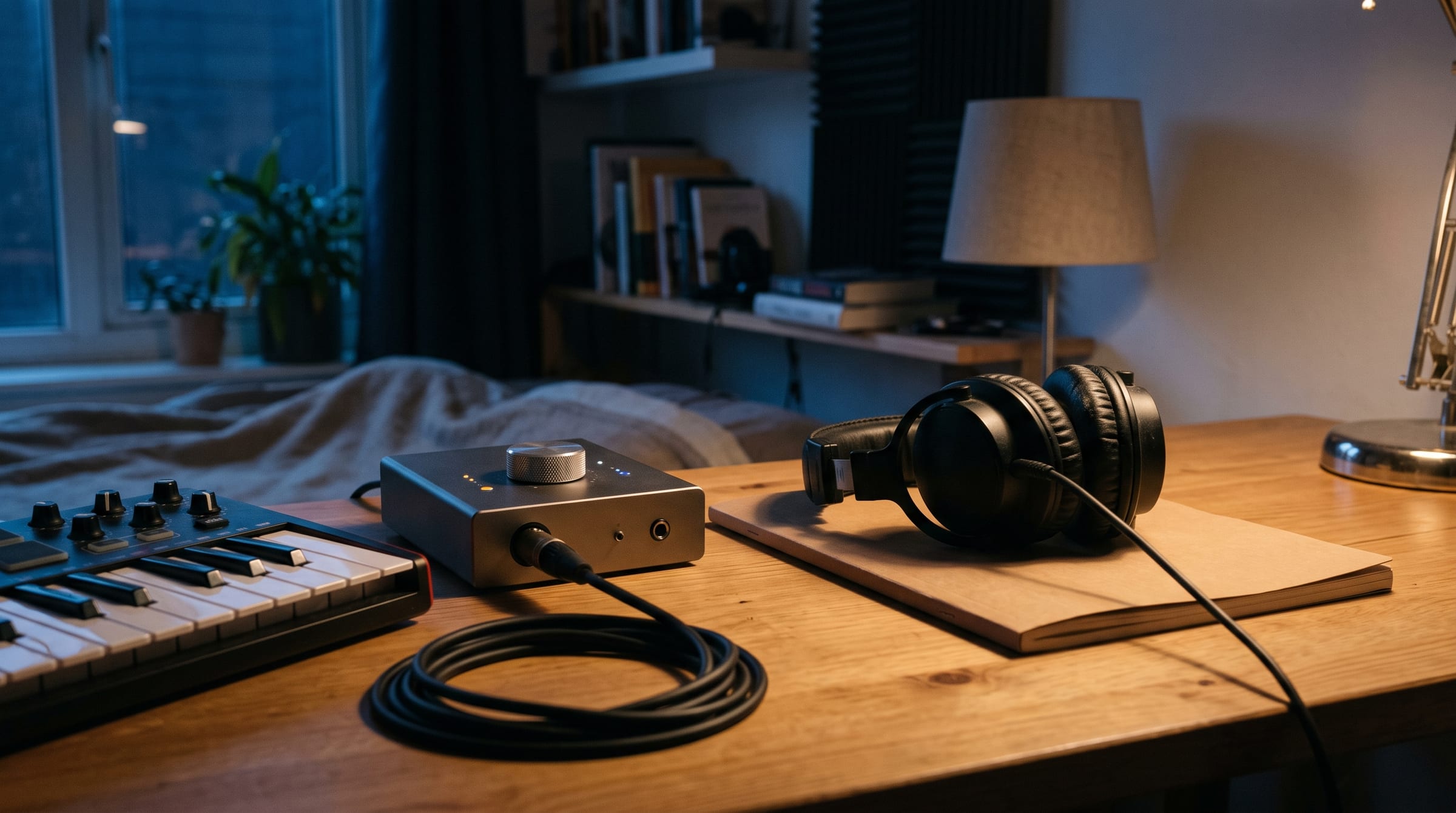A small home recording corner on a bedroom desk at dusk: headphones on a closed notebook, a compact unbranded audio interface with one silver knob, a coiled cable and the end of a small keyboard