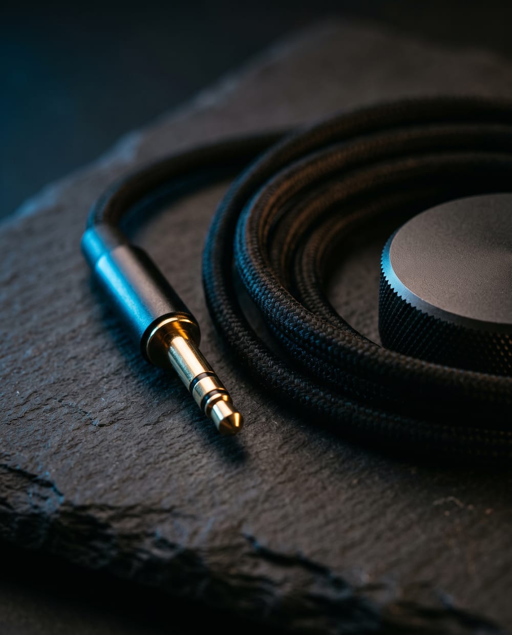 Close-up of a gold-tipped headphone plug and a coiled fabric cable on a dark slate surface, lit with a cool blue rim light