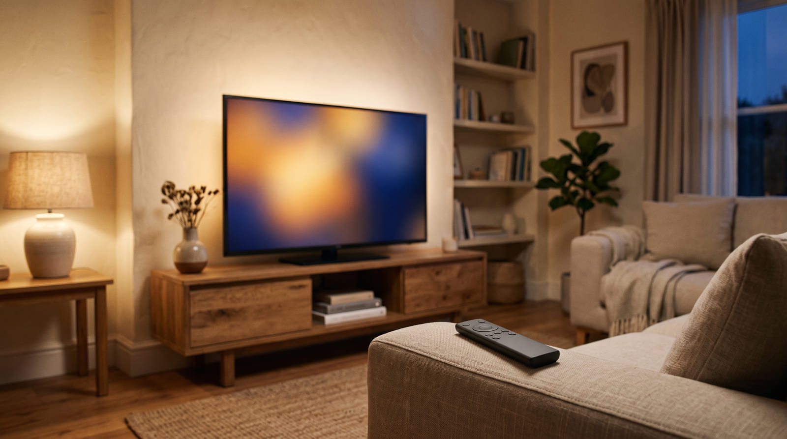 A television in a warm living room in the evening, remote control resting on the sofa arm
