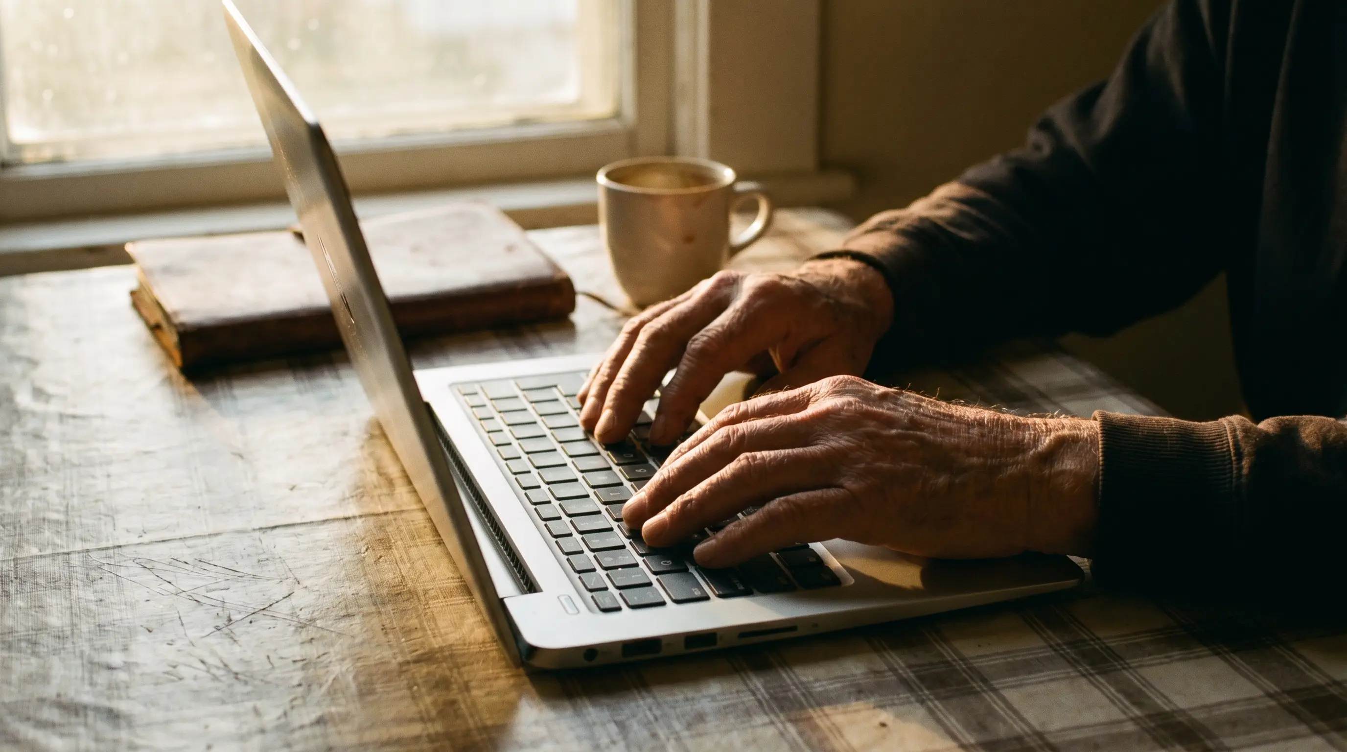 An older man's weathered hands resting on a laptop keyboard at a wooden table in warm morning light