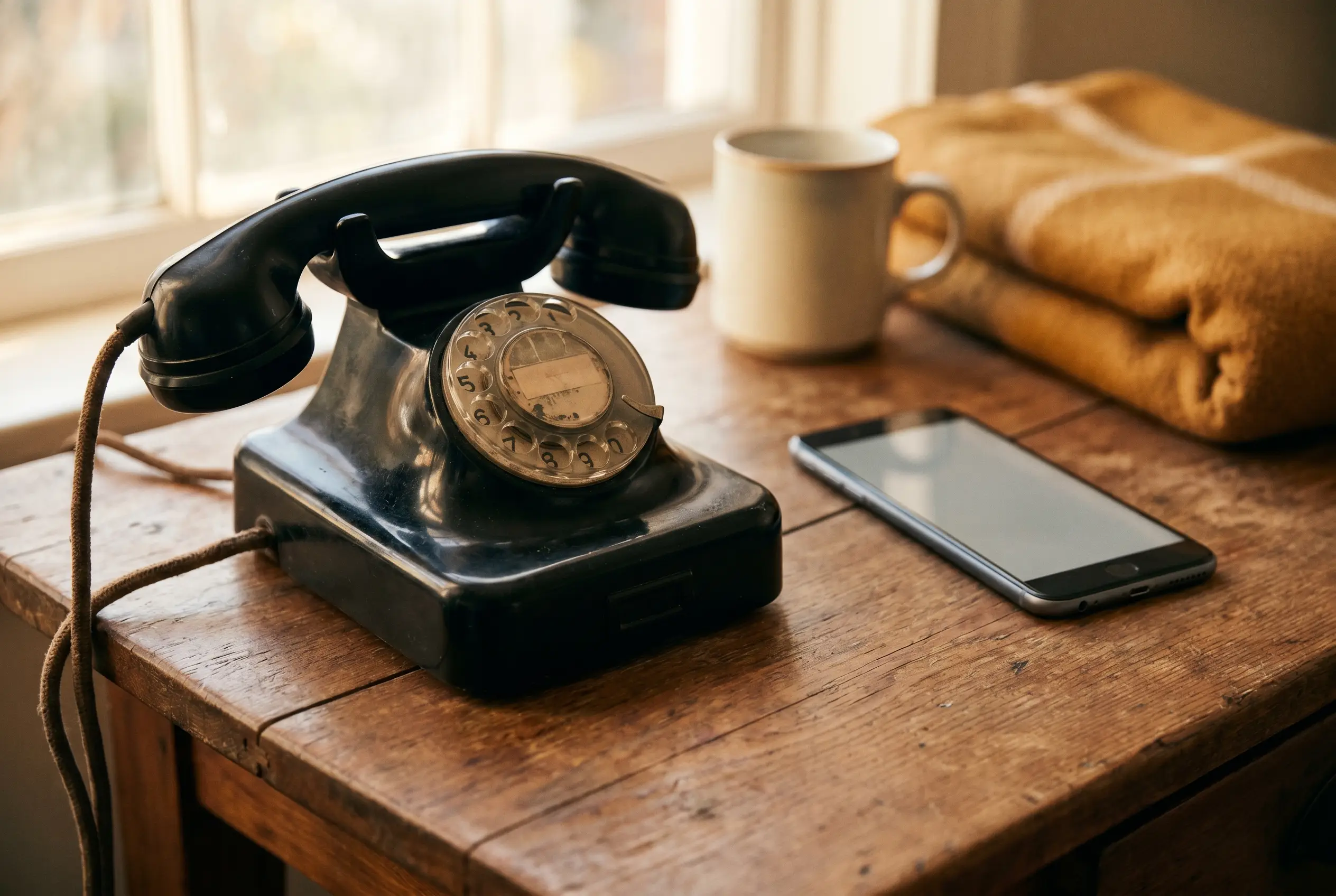 A vintage rotary telephone beside a modern smartphone on a wooden table